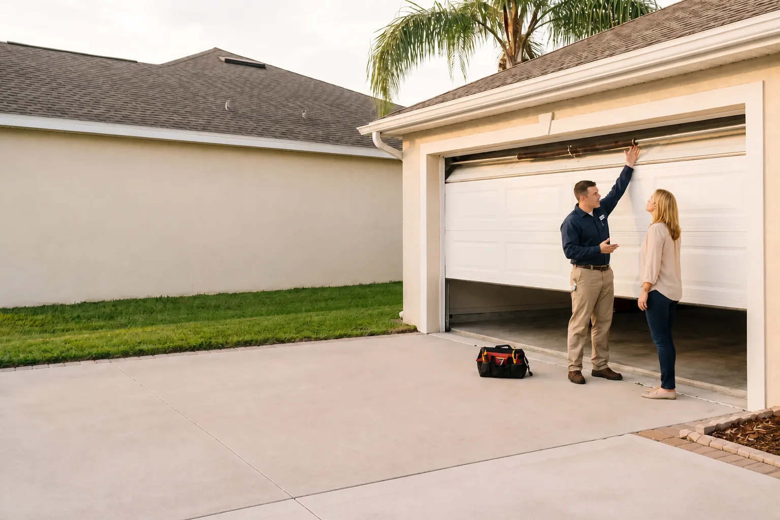 Illustration of a technician explaining a garage door spring repair to a homeowner